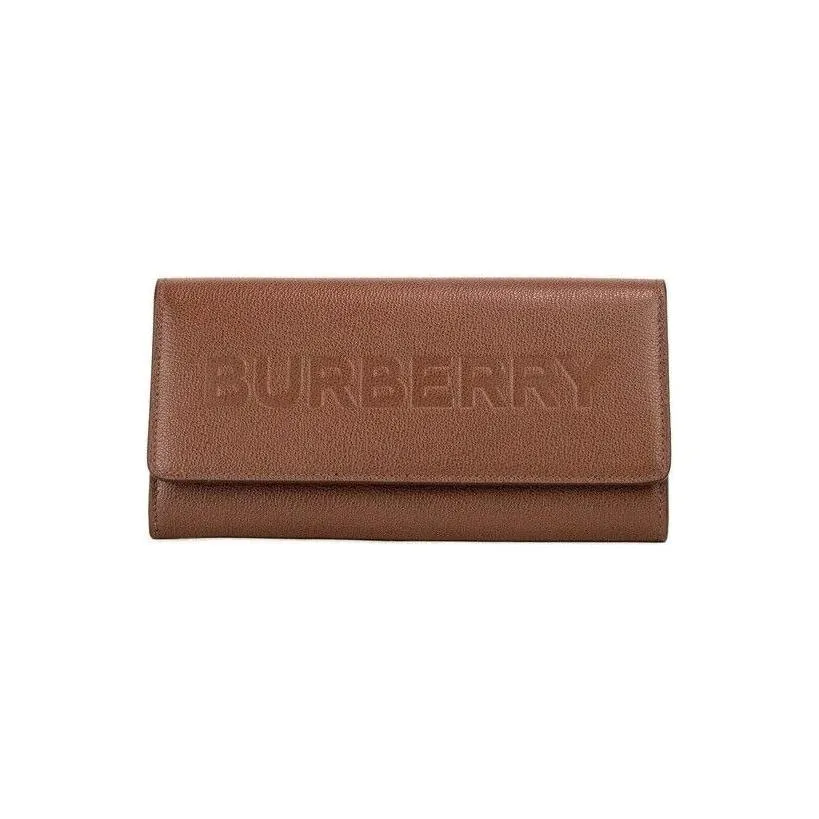 Burberry Porter Tan Grained Leather Embossed Continental Clutch Flap Wallet Brown