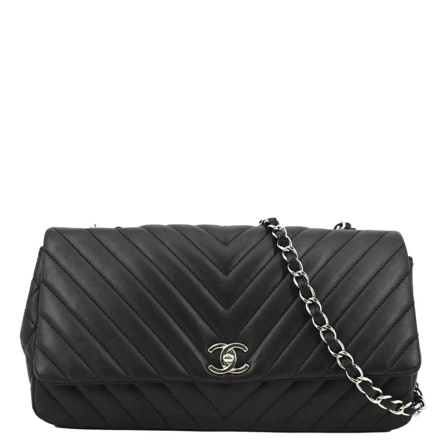 CL Surpique Chevron Medium Lambskin Leather Flap Crossbody Bag Black