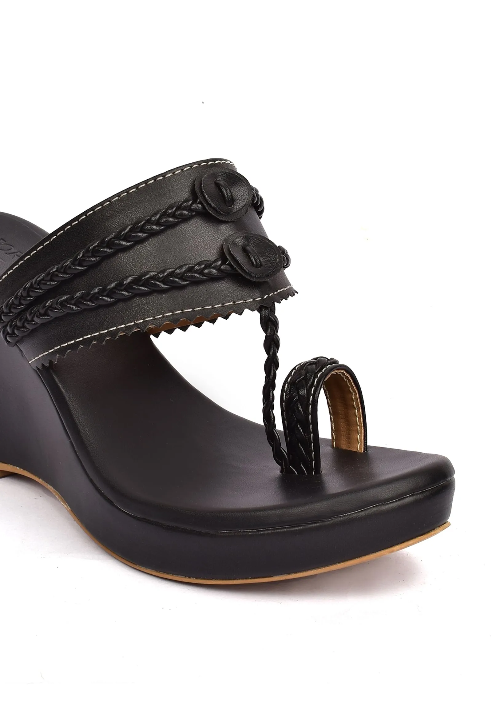 Classic Black Vegan Leather Kolhapuri Wedges