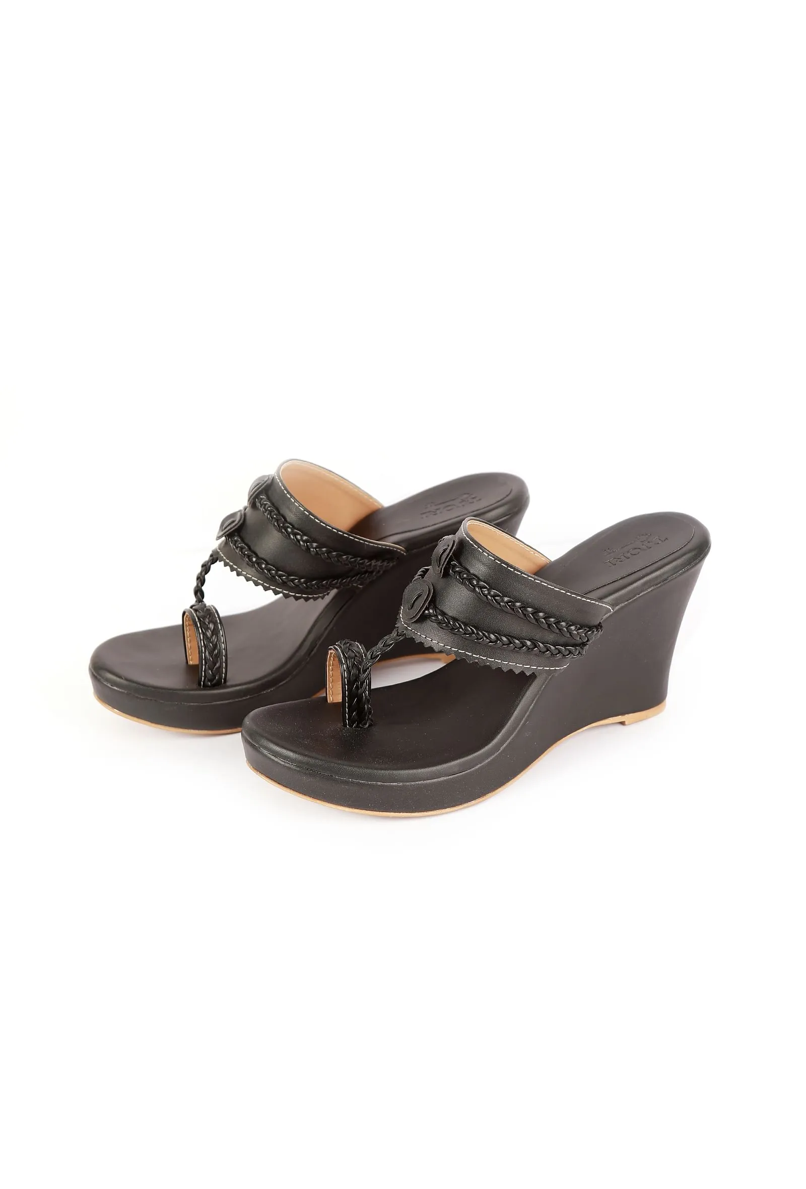 Classic Black Vegan Leather Kolhapuri Wedges