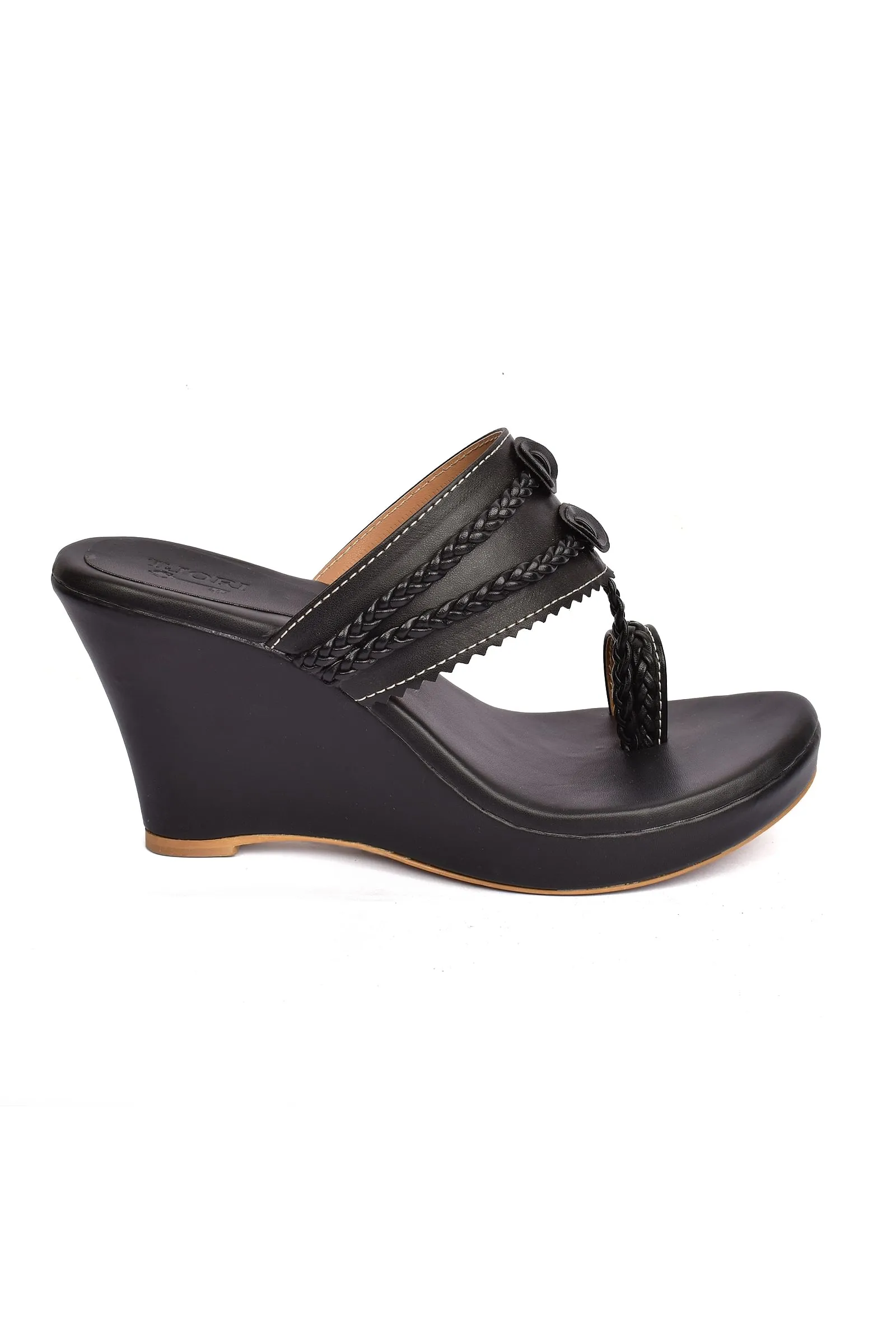 Classic Black Vegan Leather Kolhapuri Wedges