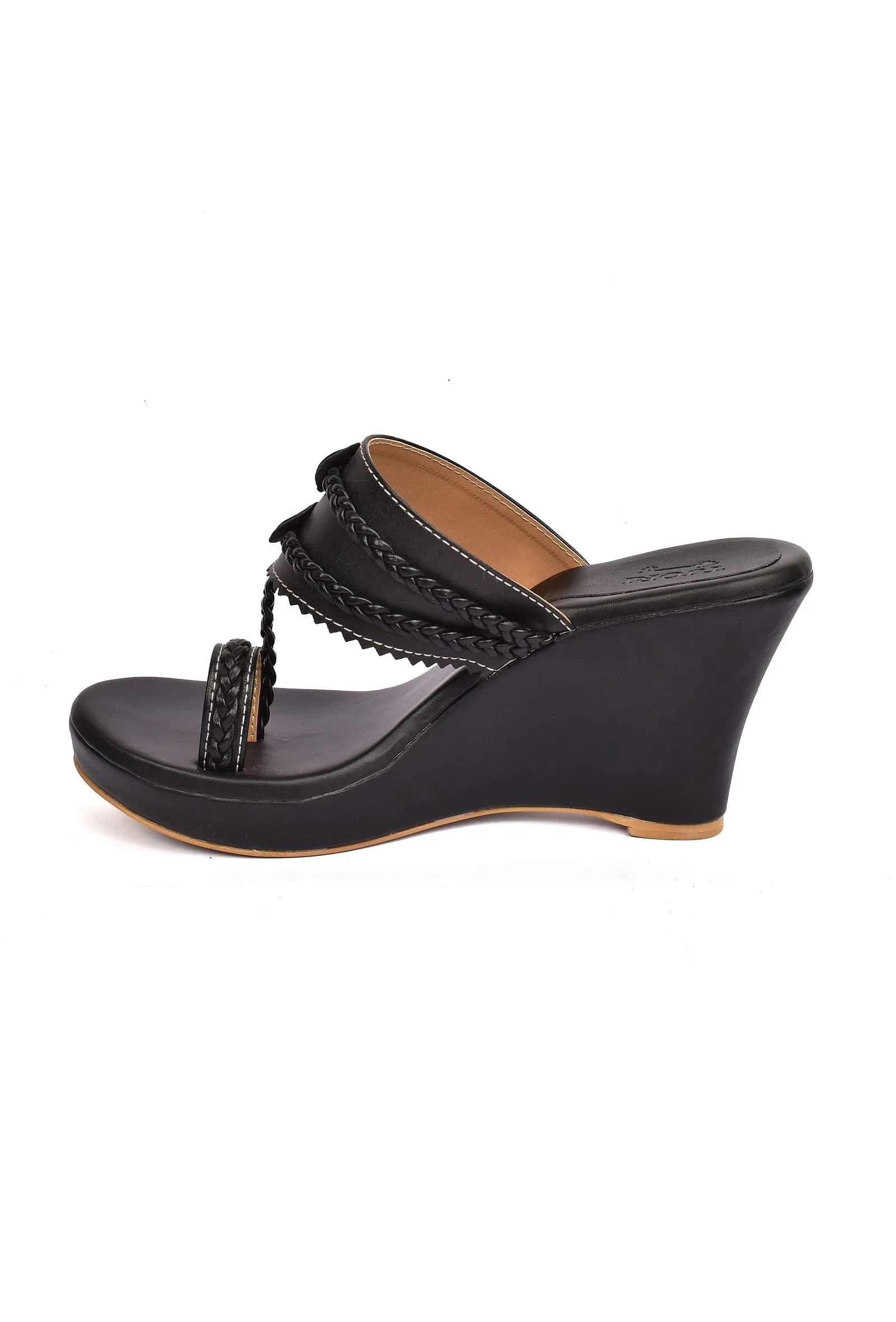 Classic Black Vegan Leather Kolhapuri Wedges