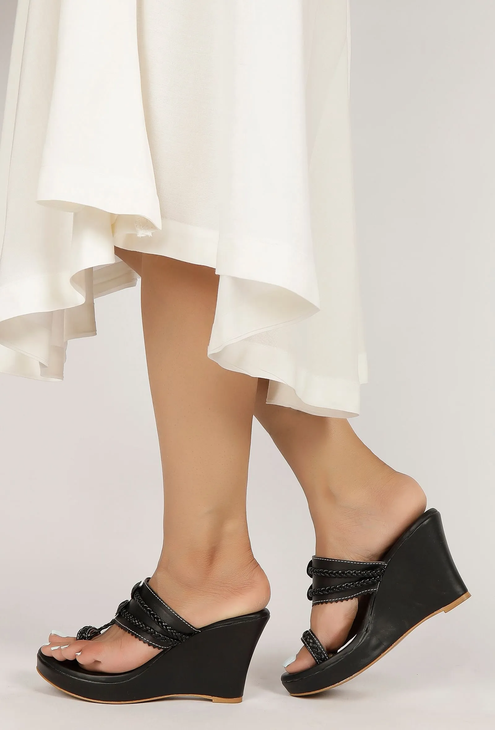 Classic Black Vegan Leather Kolhapuri Wedges