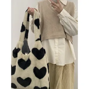 deanwangkt  Art Design Plush Bag Women  Kawaii Love Heart Print Soft Faux Fur Shoulder Bag For Women Ladies Hand Bags Shopper Tote Bag