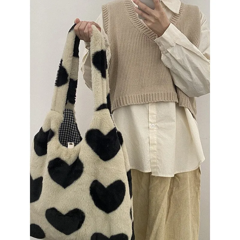 deanwangkt  Art Design Plush Bag Women  Kawaii Love Heart Print Soft Faux Fur Shoulder Bag For Women Ladies Hand Bags Shopper Tote Bag