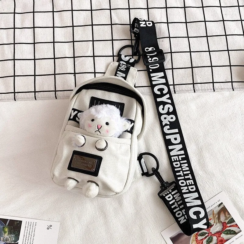 deanwangkt Cute Plush Toy Inside Chest Bag For Women Casual Canvas Bag Women Crossbody Bags Letter Print Strap Shoulder Bag Women Bolso Sac