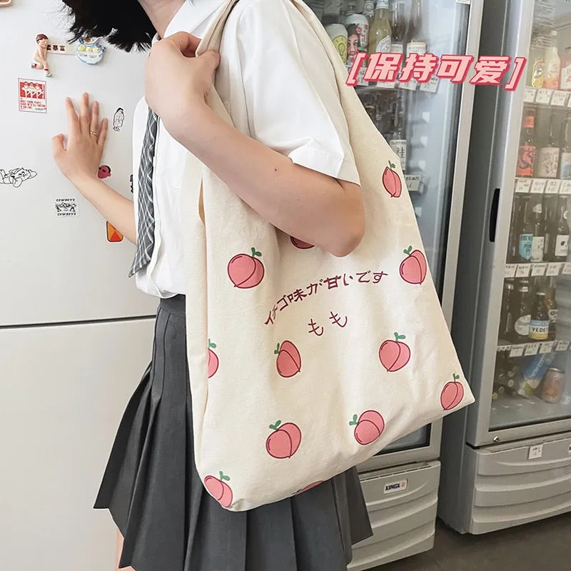 deanwangkt  Japanese Peach Print Tote Bag Large-capacity Shoulder Bag For Women Shopper Bag Canvas Bag Handbag Student Bags Bolsa Feminina