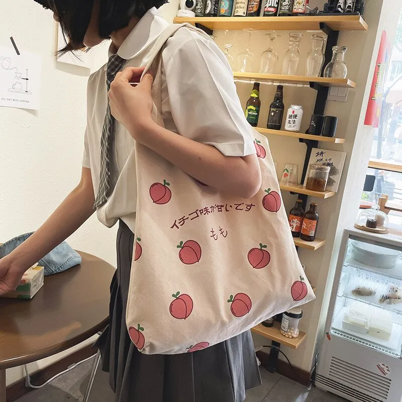 deanwangkt  Japanese Peach Print Tote Bag Large-capacity Shoulder Bag For Women Shopper Bag Canvas Bag Handbag Student Bags Bolsa Feminina