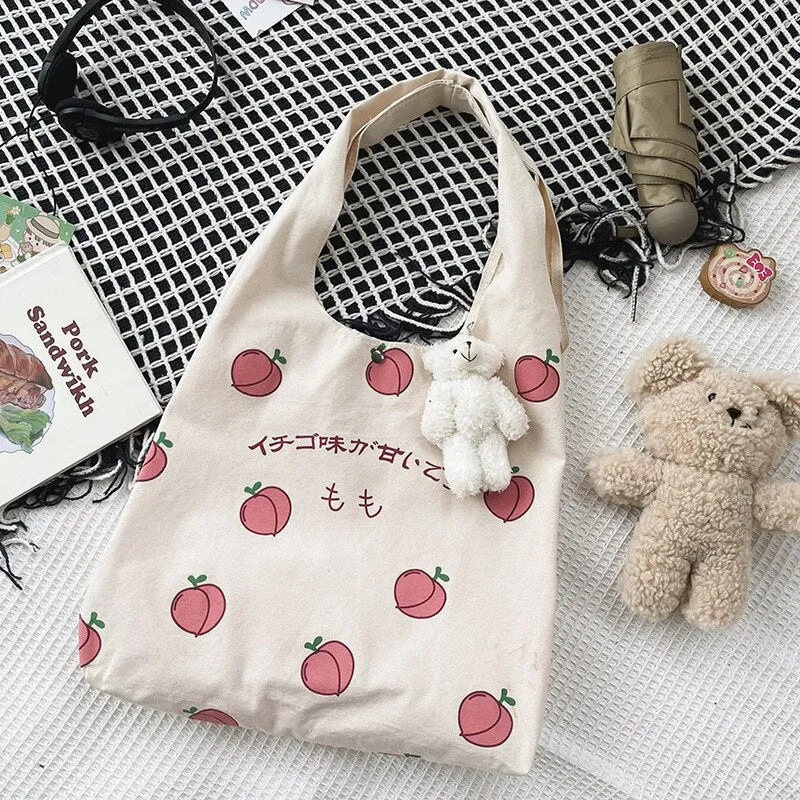 deanwangkt  Japanese Peach Print Tote Bag Large-capacity Shoulder Bag For Women Shopper Bag Canvas Bag Handbag Student Bags Bolsa Feminina