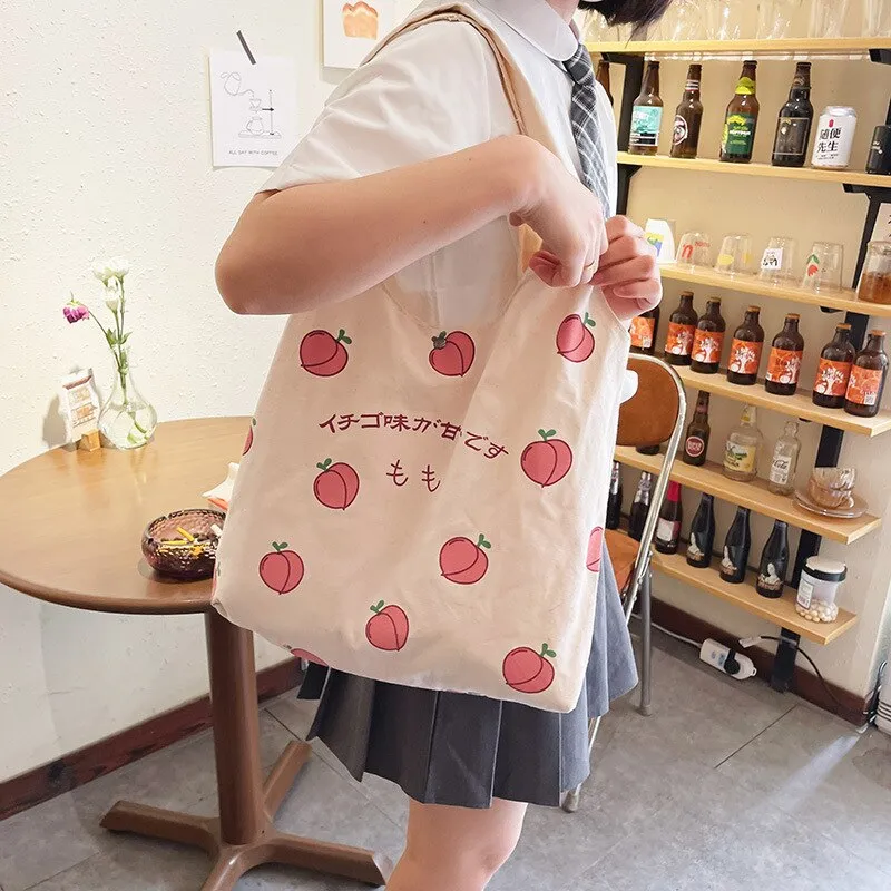 deanwangkt  Japanese Peach Print Tote Bag Large-capacity Shoulder Bag For Women Shopper Bag Canvas Bag Handbag Student Bags Bolsa Feminina