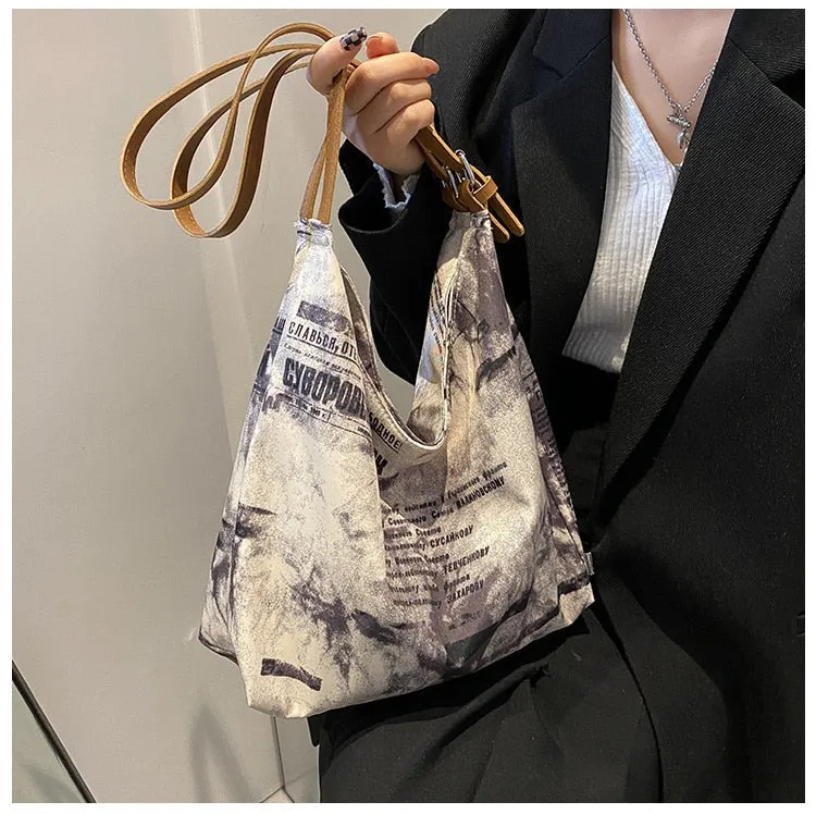 deanwangkt New Shoulder Bag For Women Newspaper Print Oxford Handbags PU Leather Straps Bucket Bag Ladies Tote Bag Hand Bags Bolsos