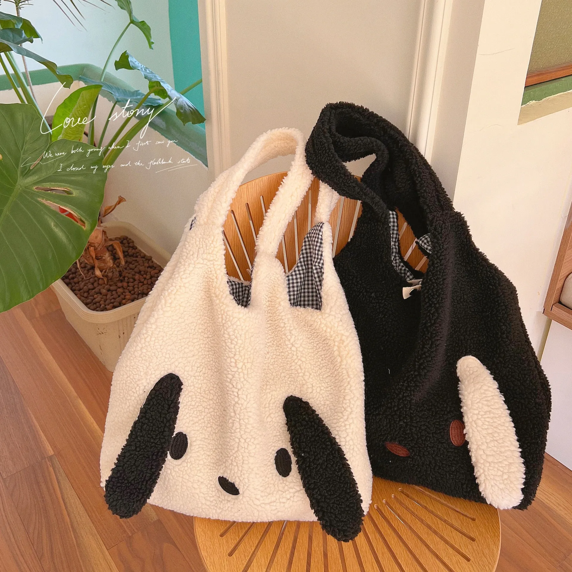 deanwangkt  New Winter Warm Plush Bag Women Imitation Lamb Hair Cartoon Dog Ears Shoulder Bag For Women Large-capacity Tote Bag Handbag