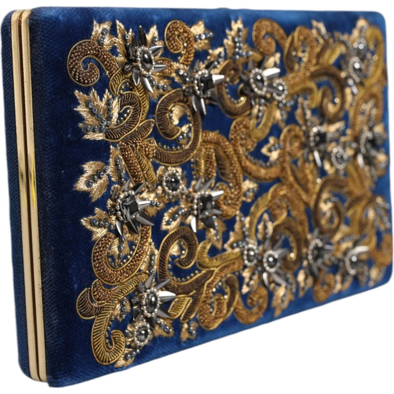 Dolce & Gabbana Blue Velvet Gold Frame Clutch Evening Party Purse Bag