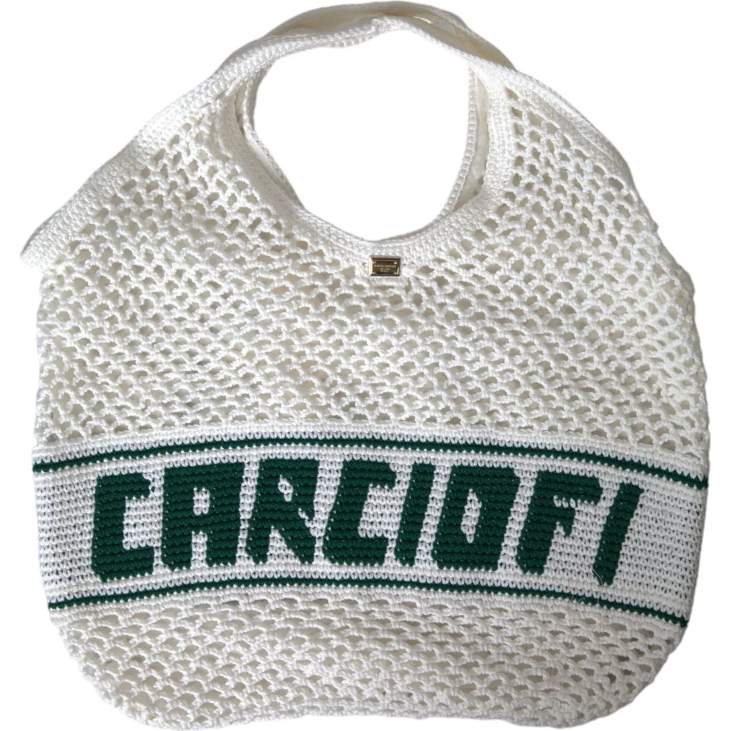 Dolce & Gabbana White Green Knitted Cotton Logo Shopping Tote Bag