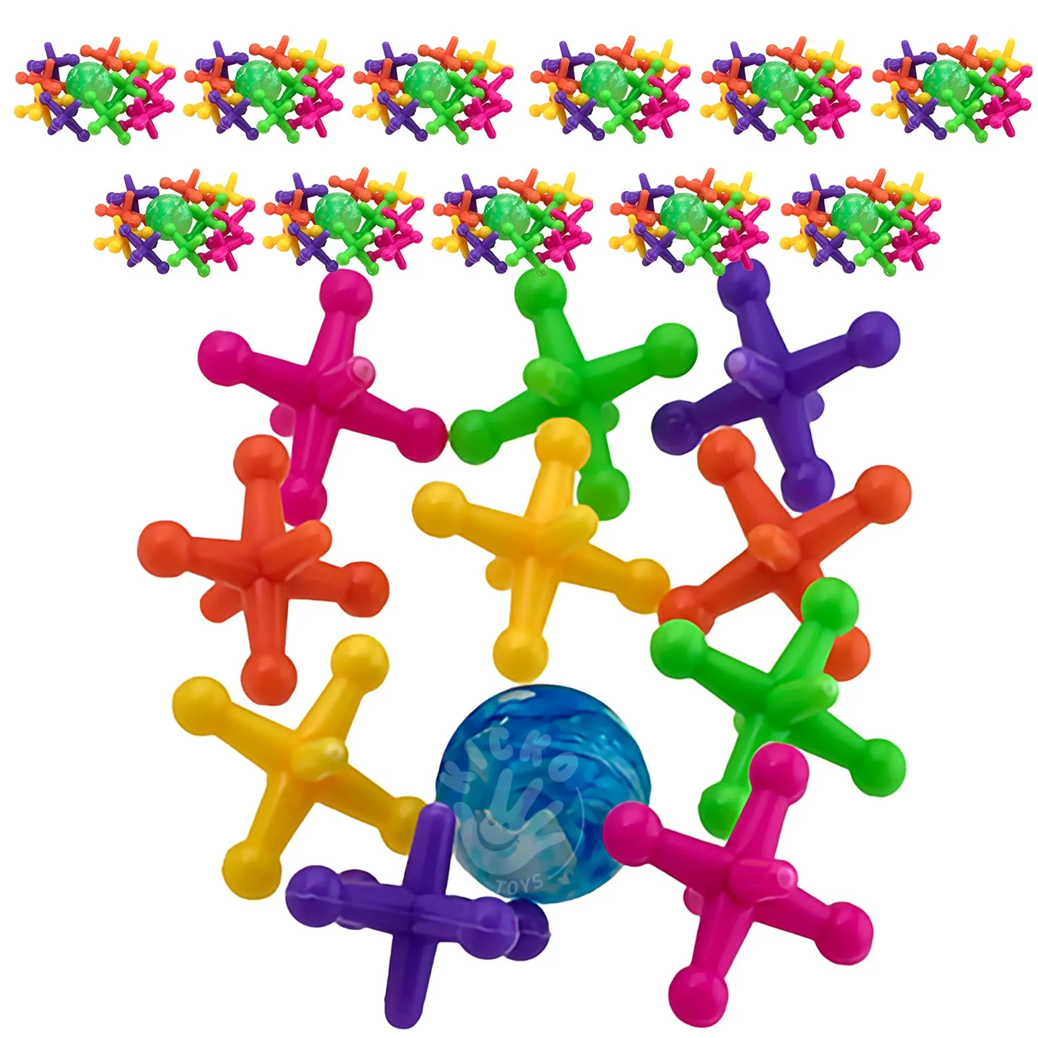 Kicko Large Neon Jacks Set - Pack of 12, 1.5 Inch Colorful Jacks and Bouncy Ball Set