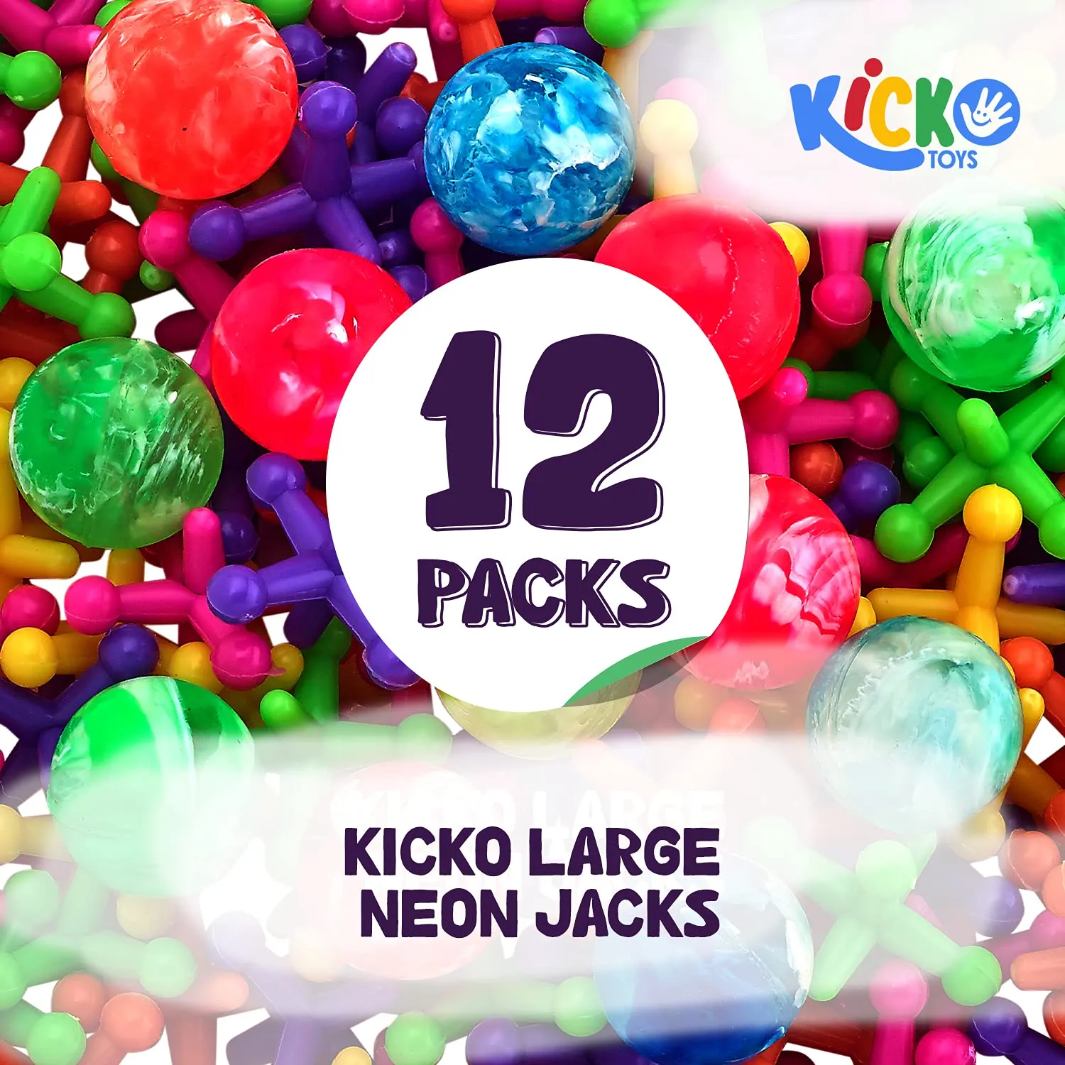 Kicko Large Neon Jacks Set - Pack of 12, 1.5 Inch Colorful Jacks and Bouncy Ball Set