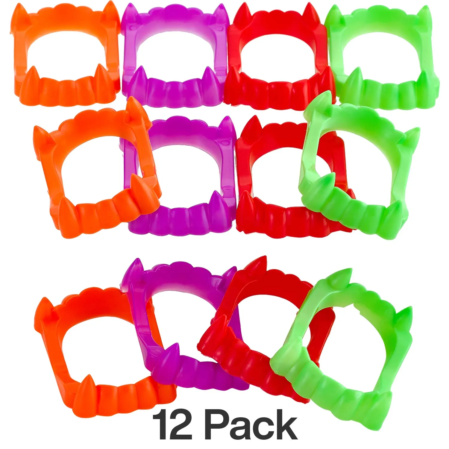 Kicko Vampire Fangs - 12 Pack, 2.5 x 1.75 Inches - Assorted, Bright Colored Plastic