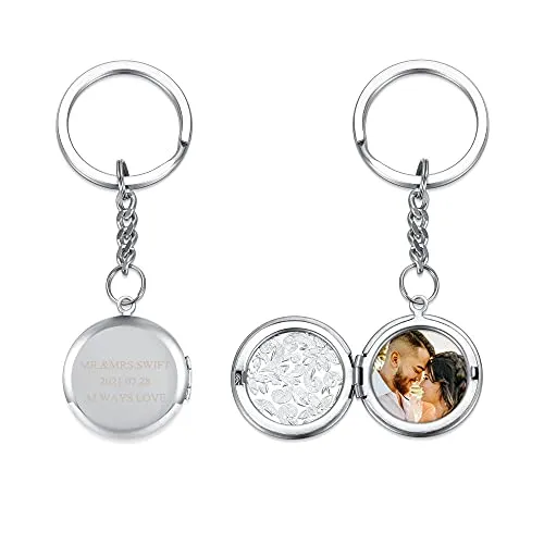 Personalized Color Photo Keychain Custom Engraved Text Stainless Steel Memory Locket Keychain