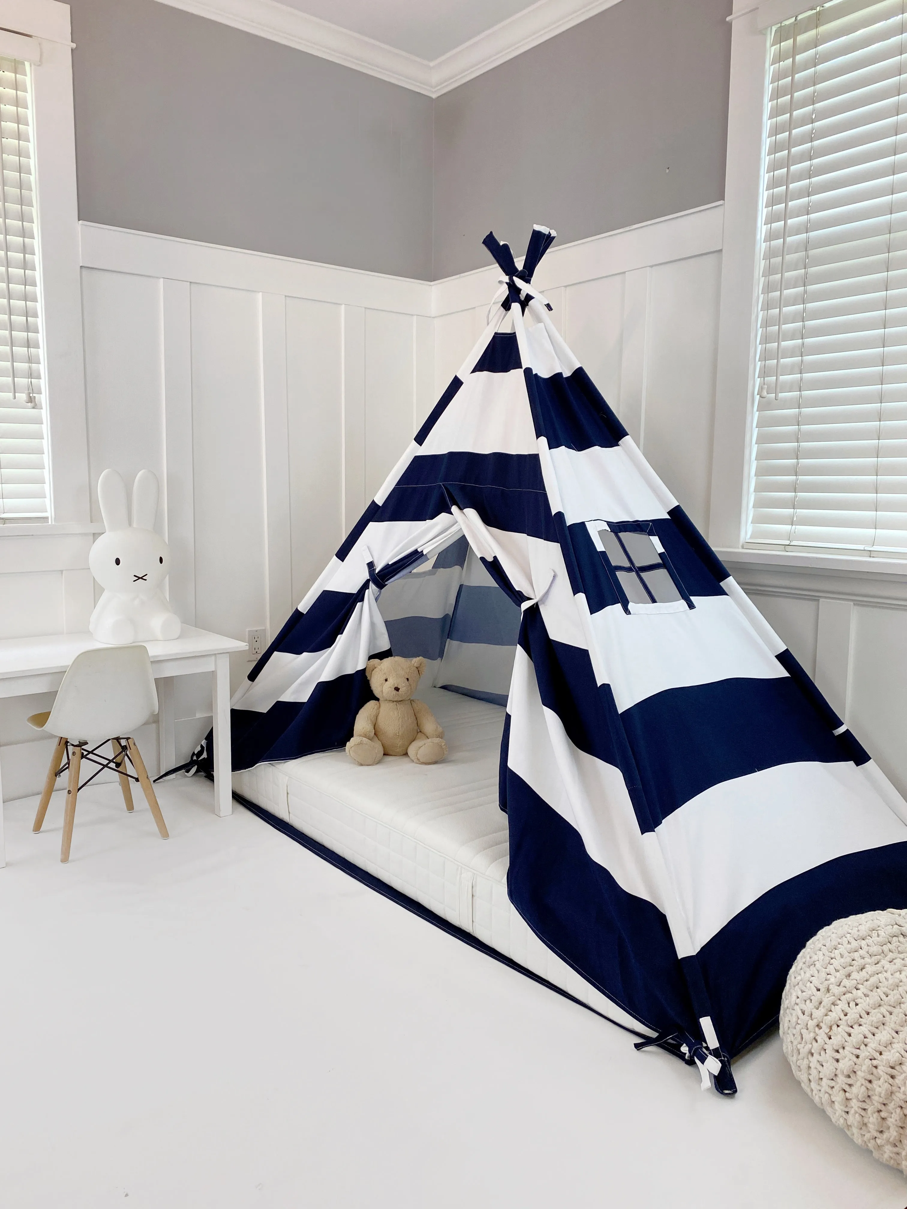 Play Tent Canopy Bed in Navy Blue and White Stripe Canvas WITH Doors