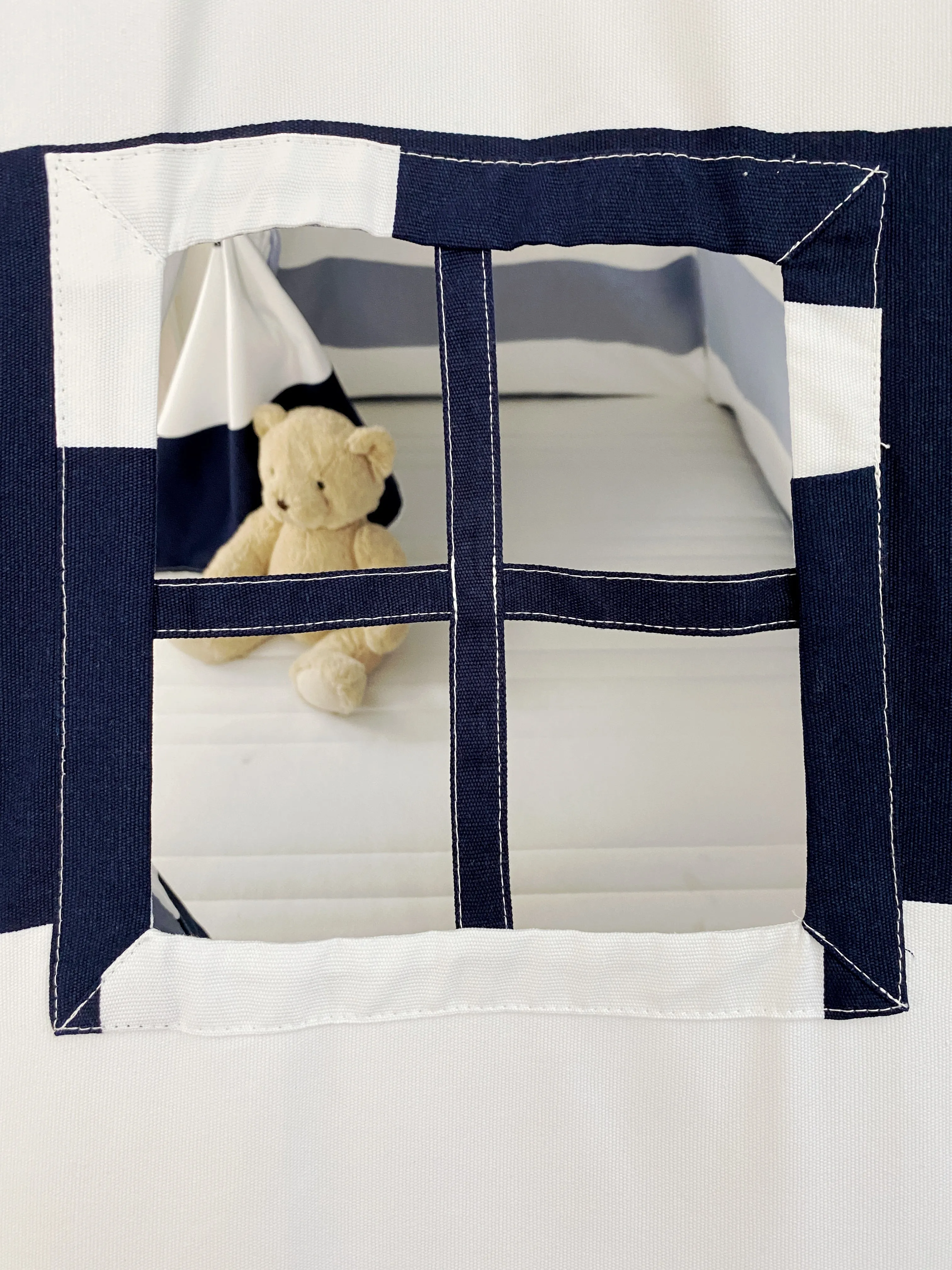 Play Tent Canopy Bed in Navy Blue and White Stripe Canvas WITH Doors