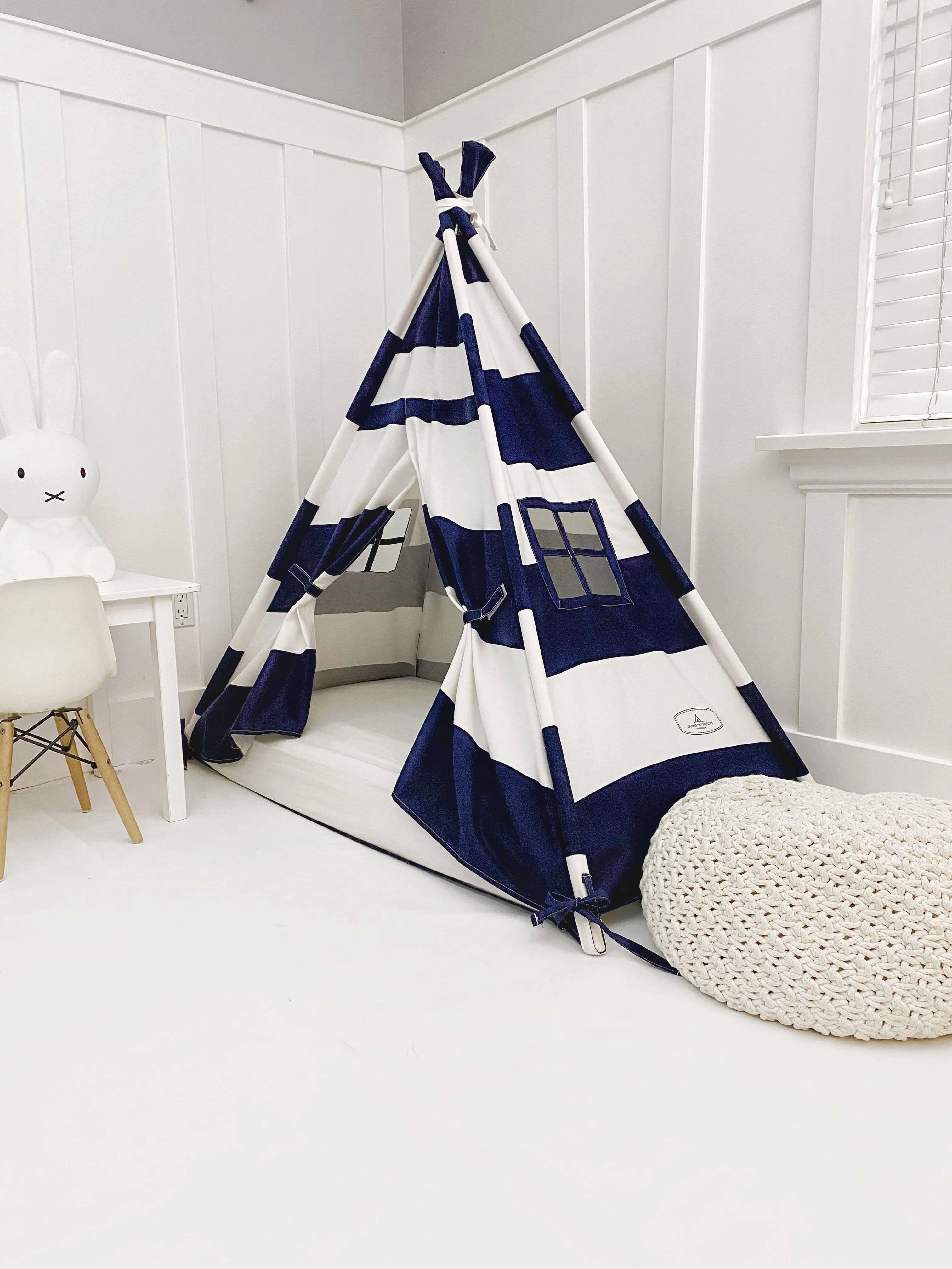 Play Tent Canopy Bed in Navy Blue and White Stripe Canvas WITH Doors