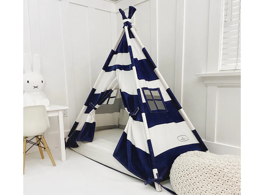 Play Tent Canopy Bed in Navy Blue and White Stripe Canvas WITH Doors