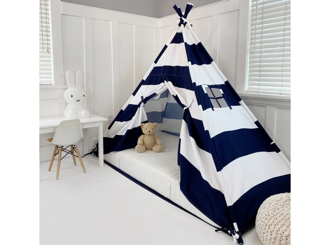 Play Tent Canopy Bed in Navy Blue and White Stripe Canvas WITH Doors